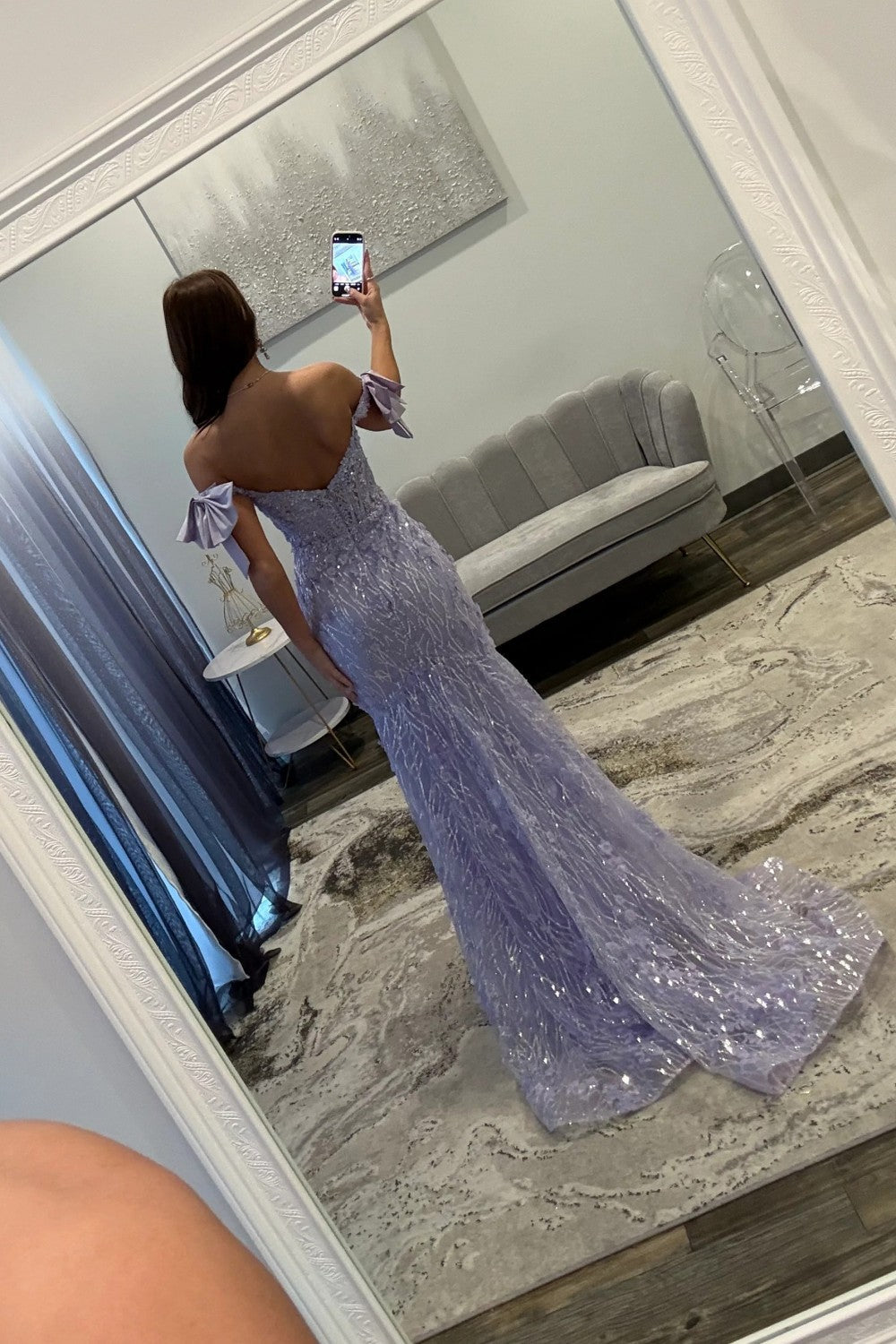Charming Mermaid Off the Shoulder Lavender Long Prom Dress with Sequined Lace