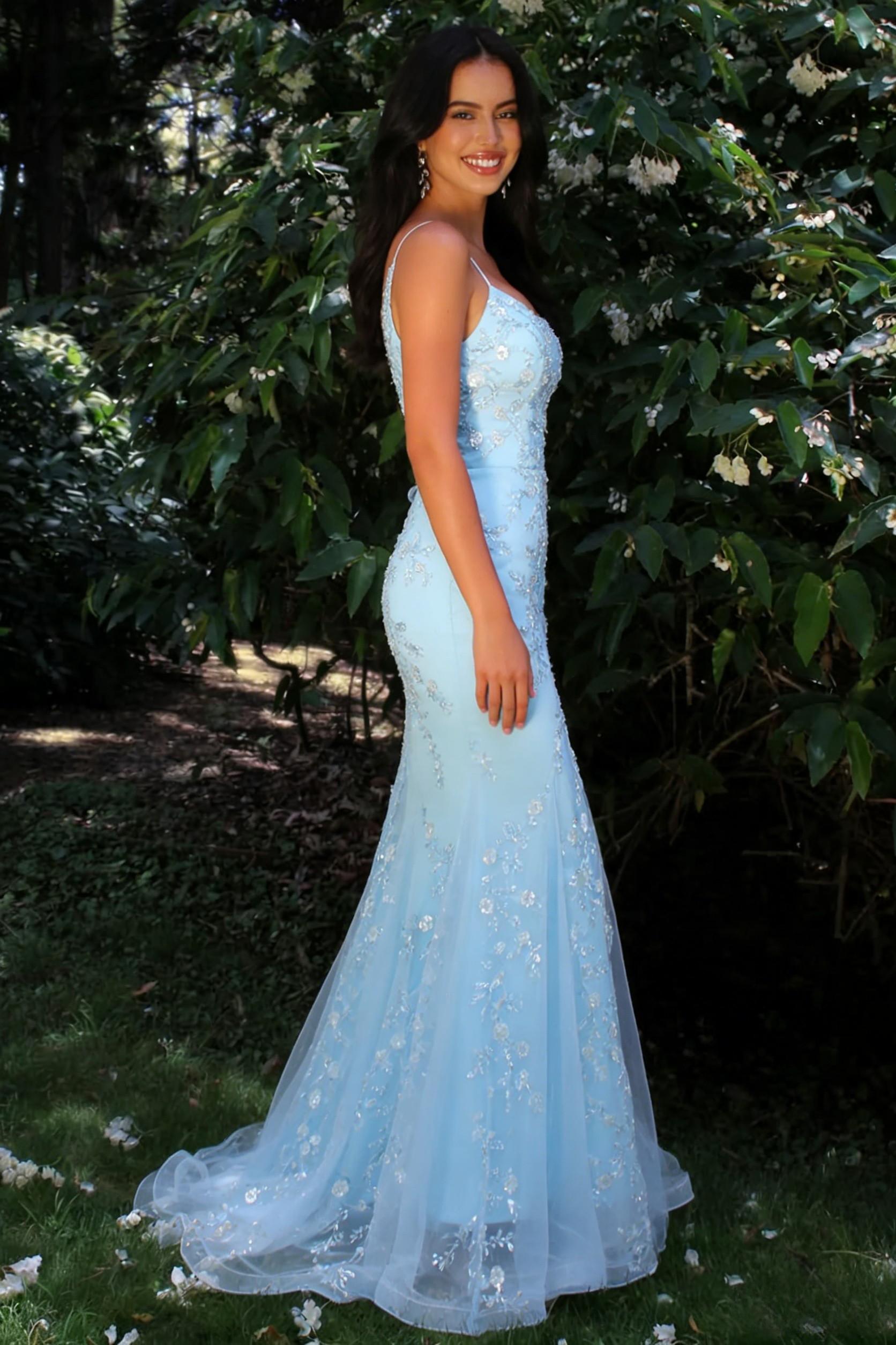 Gorgeous Mermaid Spaghetti Straps Light Blue Prom Dress with Criss Cross Back