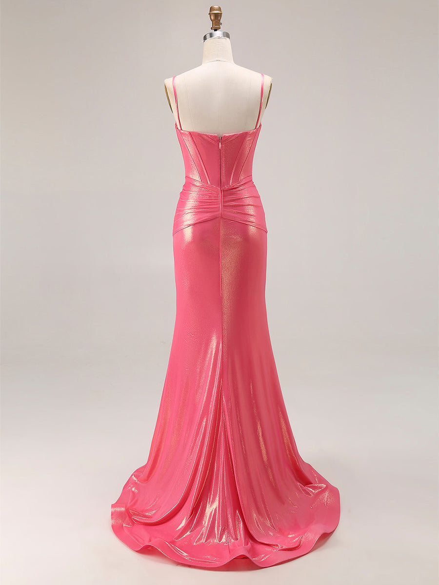 Glitter Mermaid Pleated Corset Long Prom Dress with Slit