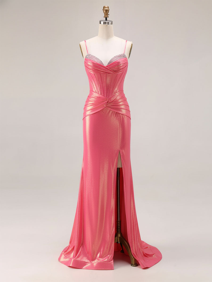 Glitter Mermaid Pleated Corset Long Prom Dress with Slit