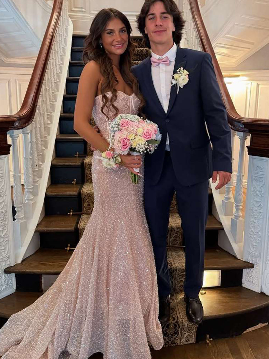 Glitter Pink Mermaid Strapless Sweethear Long Prom Dress with Train