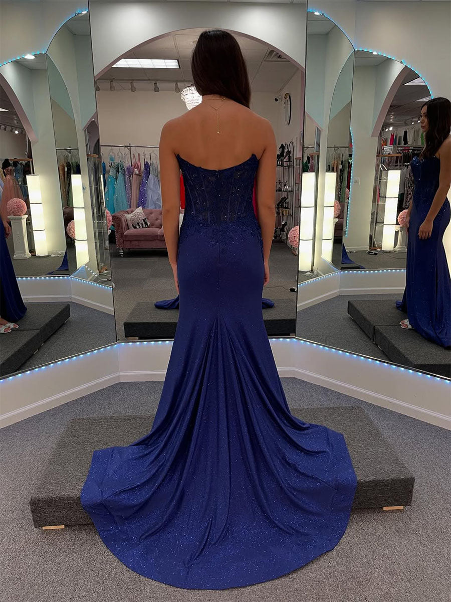 Glitter Sweetheart Sheer Lace Corset Prom Dress with Slit