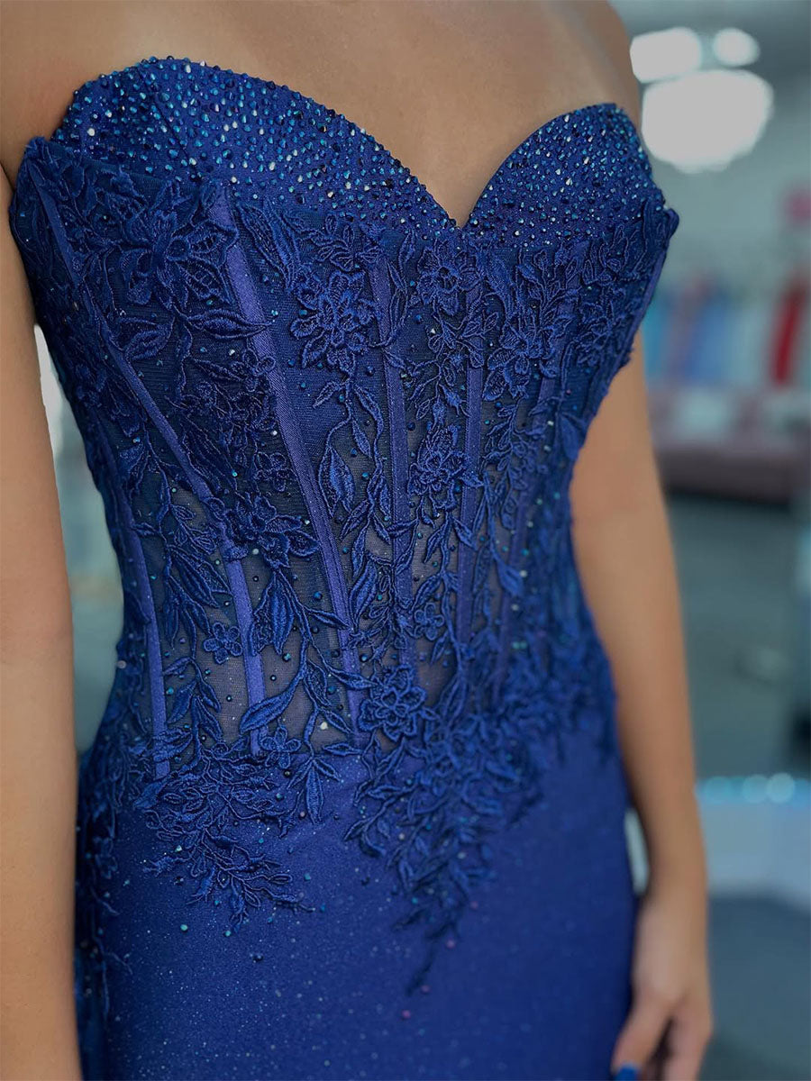 Glitter Sweetheart Sheer Lace Corset Prom Dress with Slit - View 3 | FashionDia
