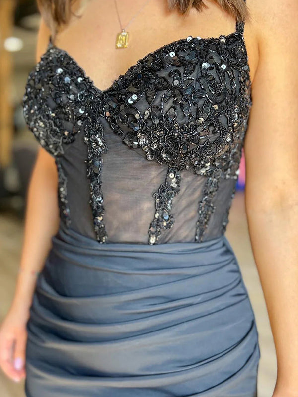 Glitter Corset Satin Asymmetrical Tight Short Homecoming Dress with Sequins