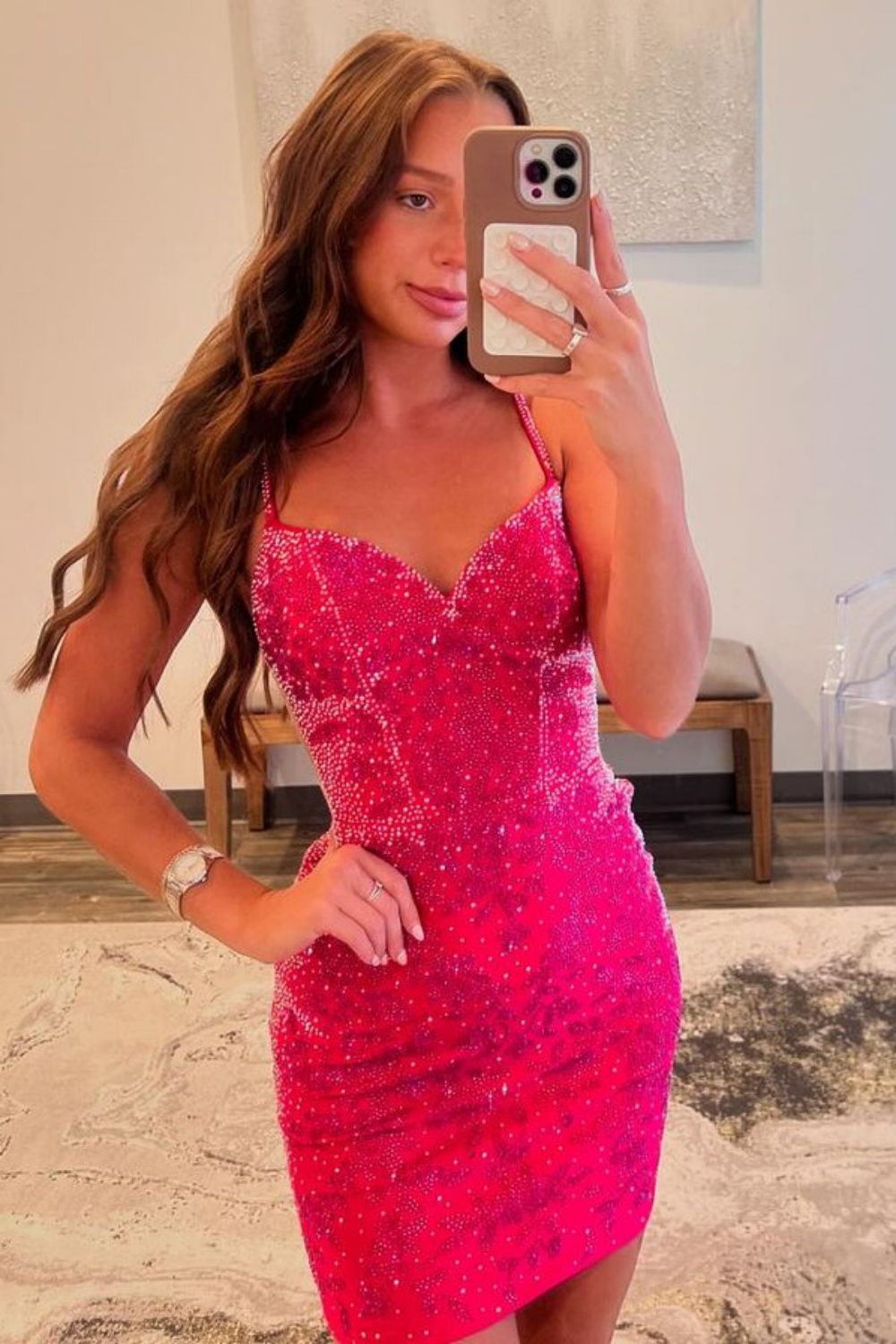 Glitter Hot Pink Bodycon Spaghetti Straps Short Homecoming Dress with Beading