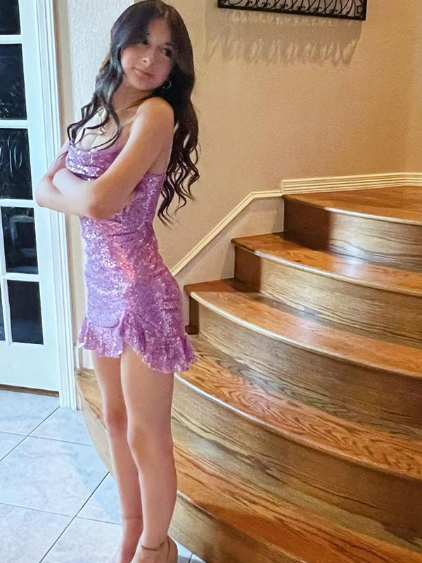 Glitter Bodycon Spaghetti Straps Ruffled Hem Sequin Short Homecoming Dress