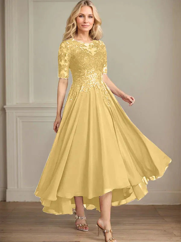 A-line Scoop Illusion Asymmetrical Chiffon Lace Mother of the Bride Dress With Sequins