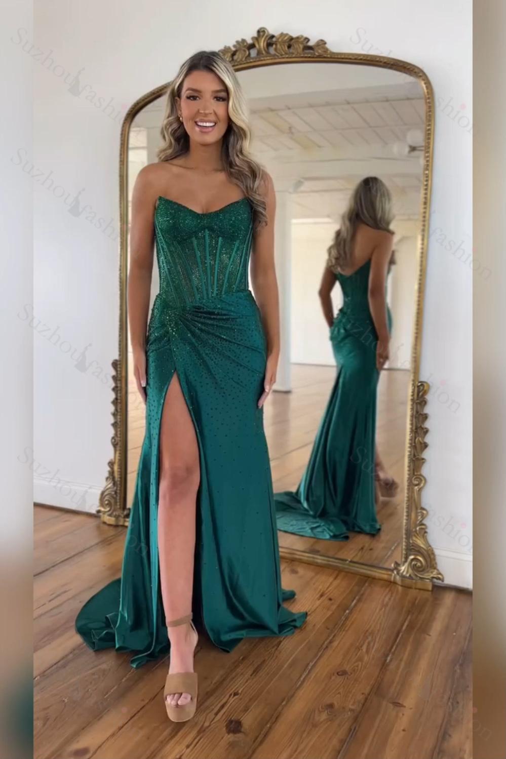 Gold Prom Dress Mermaid Corset Beaded Long Formal Dress With Slit