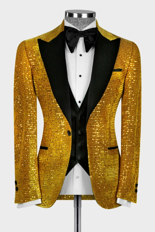 Gold Sequin Three Piece Peaked Lapel Prom Suit