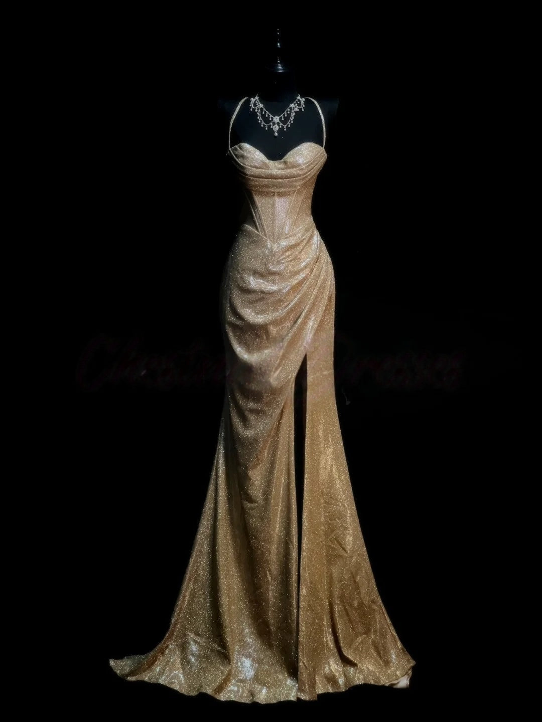 Gold Sparkle Formal Prom Dress Mermaid Evening Gowns With Slit J10173