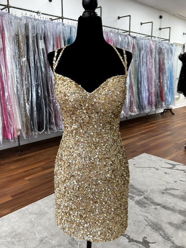 Double Straps Sequin Tight Short Homecoming Dress - FashionDia