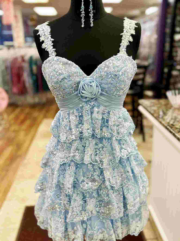 Rosette Sequin Baby Doll Short Homecoming Party Dress