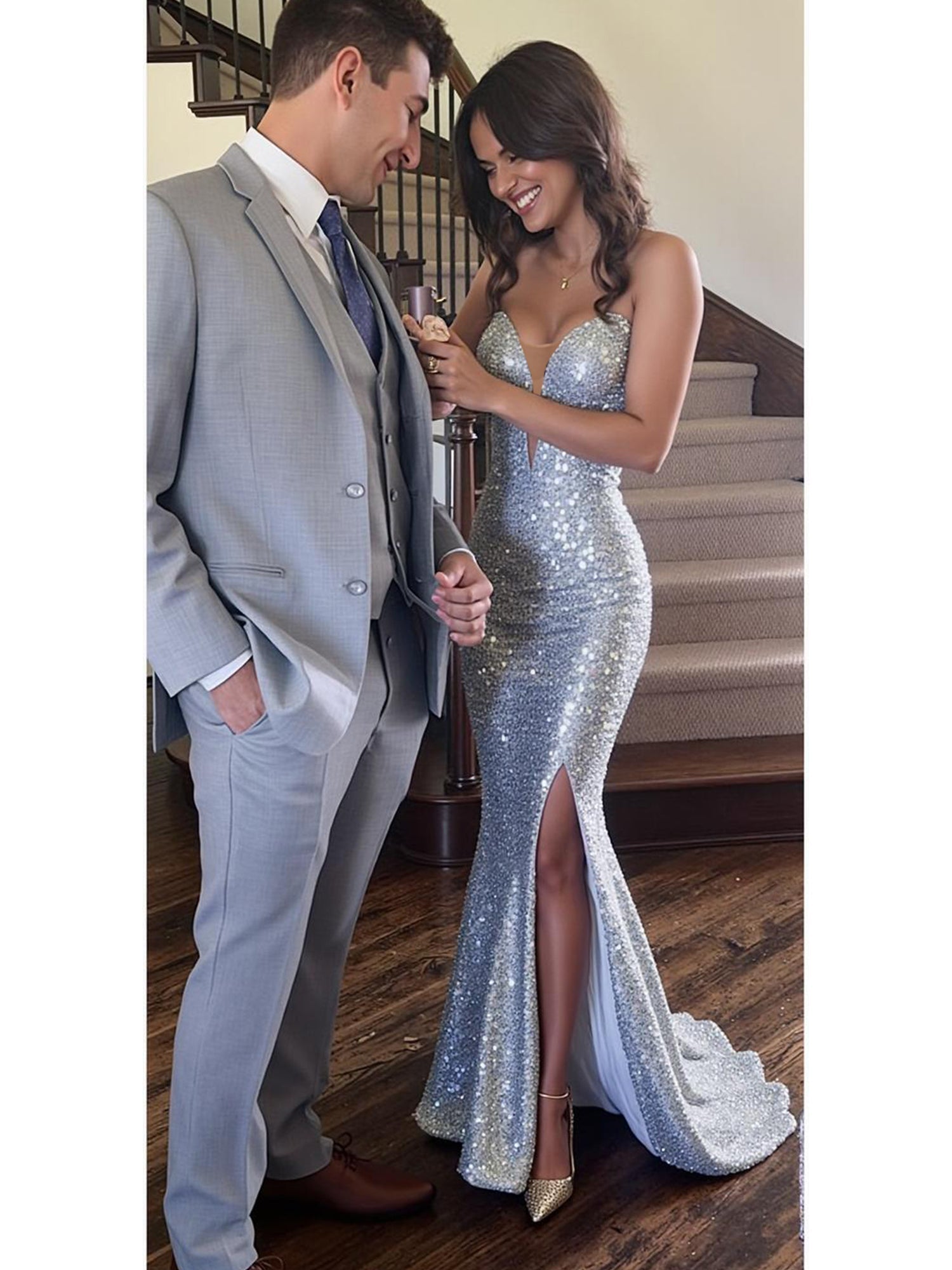 Gold Sequin Plunging Neckline Long Prom Dress with Slit