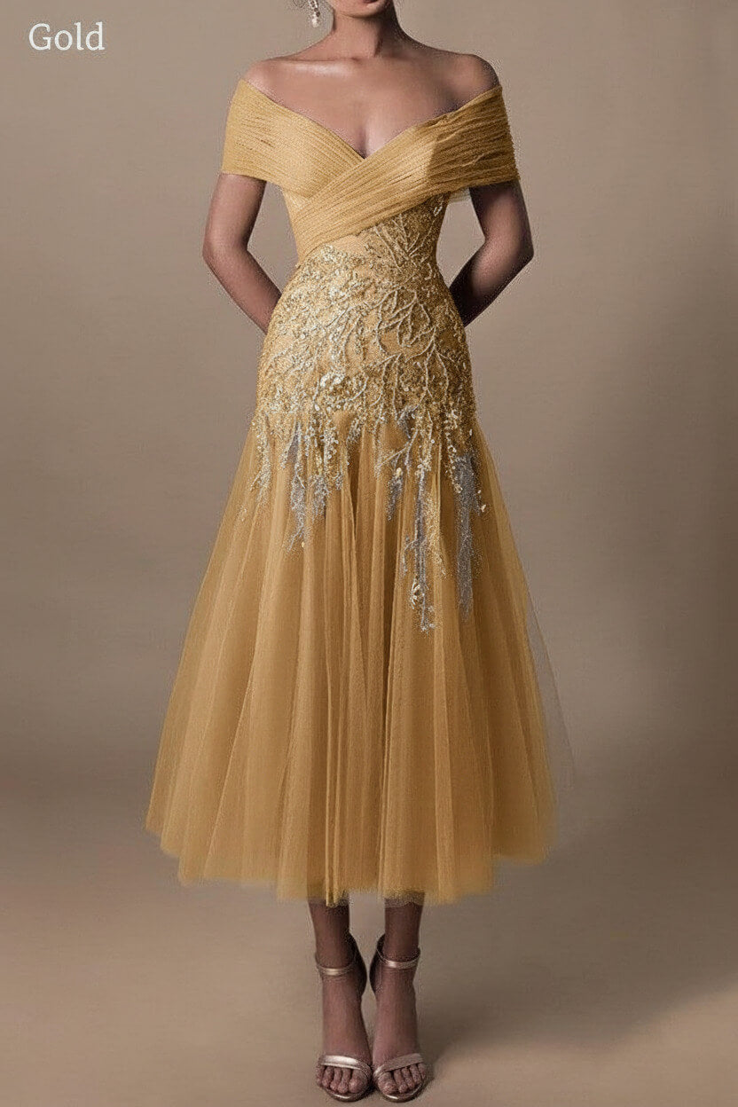 Gorgeous Short Long Off-the-Shoulder Beadings Beach Bridal Dress With Lace