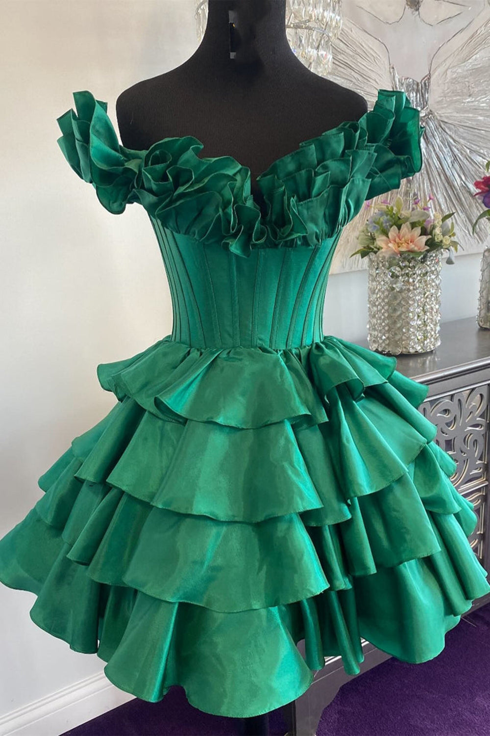 Golden Homecoming Dresses Off The Shoulder Corset Short Cocktail Dresses With Ruffles