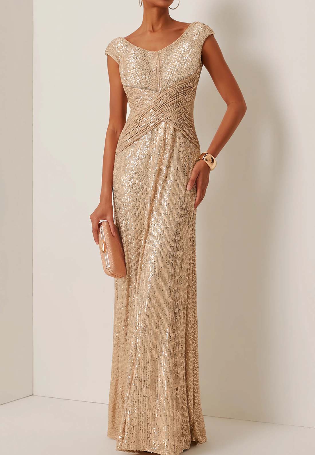 Golden Sequin Sleeveless Long A-line Gown