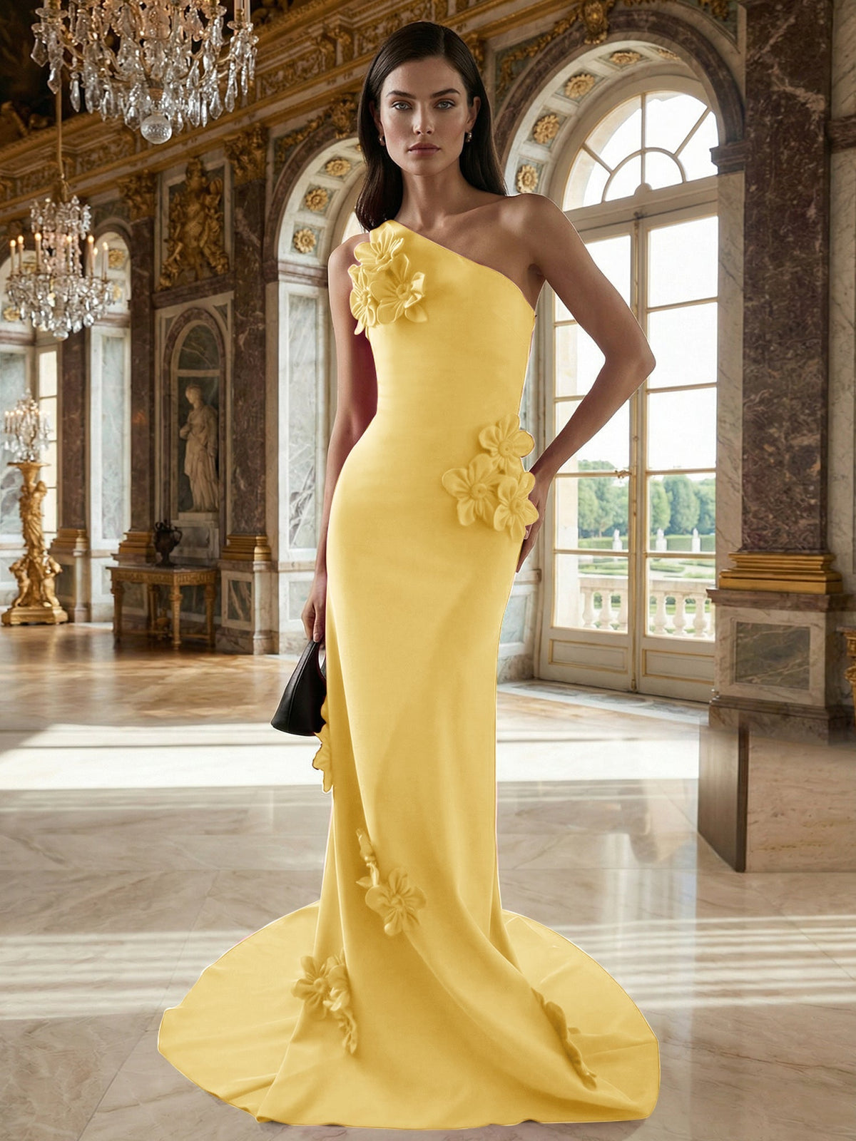 A-Line One-Shoulder Sleeveless Floor-Length Stretch Crepe Dress With 3D Flowers - View 11 | FashionDia
