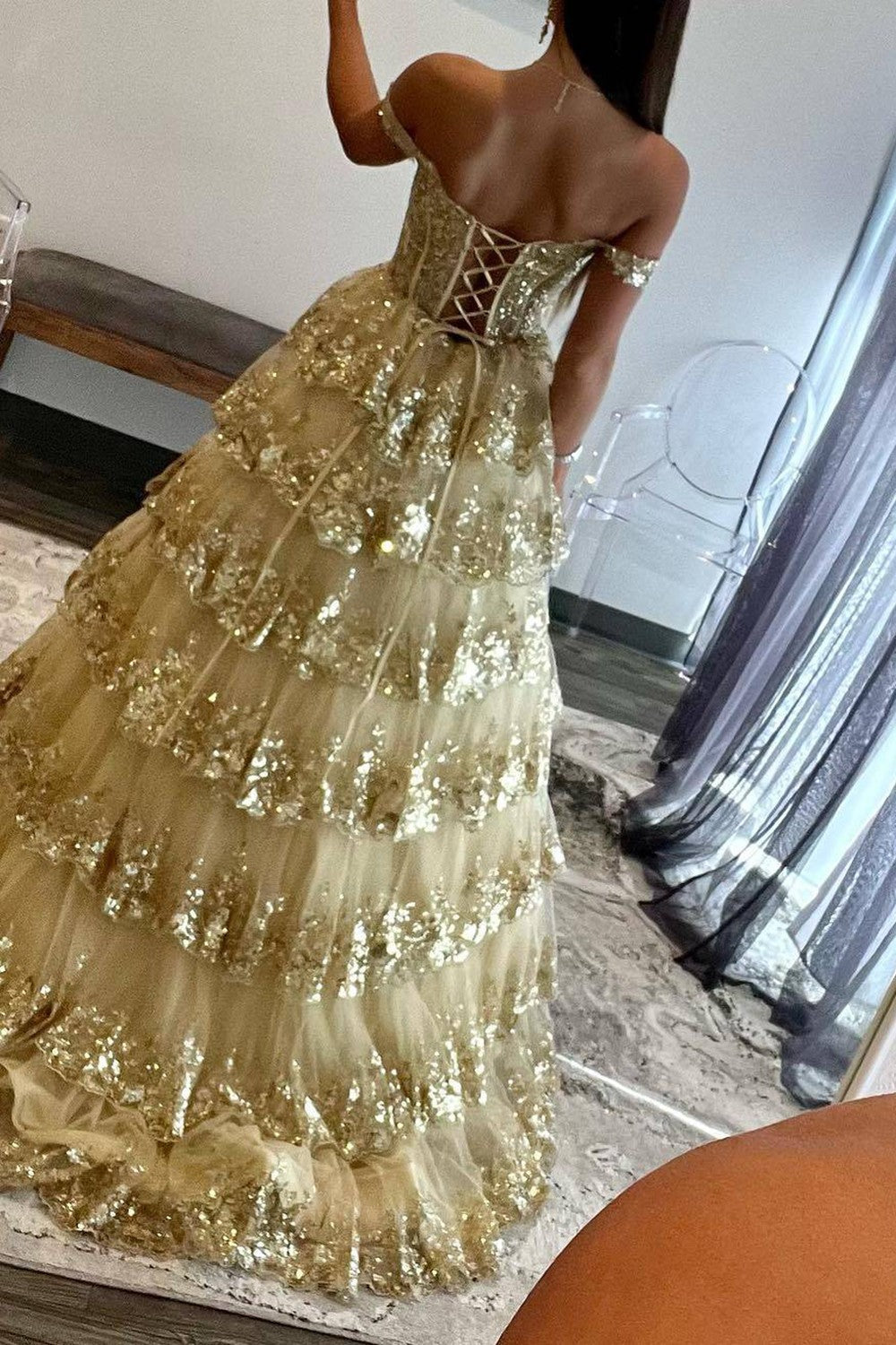 Sparkly Gorgeous A-Line Off The Shoulder Long Prom Dress with Sequin Appliques