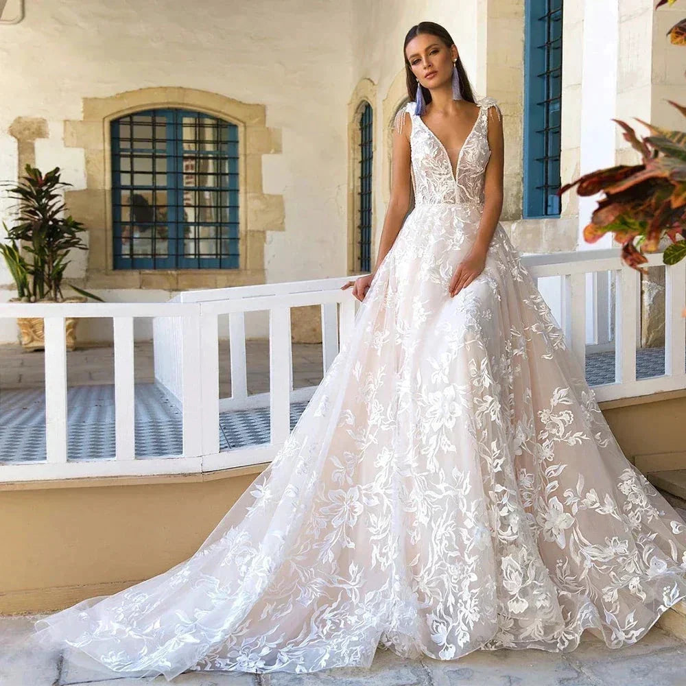 Gorgeous A-line Tulle Appliques Lace Wedding Dress V-neck Vestidos De Novia Open Back Princess Vestido De Noiva by payinti
