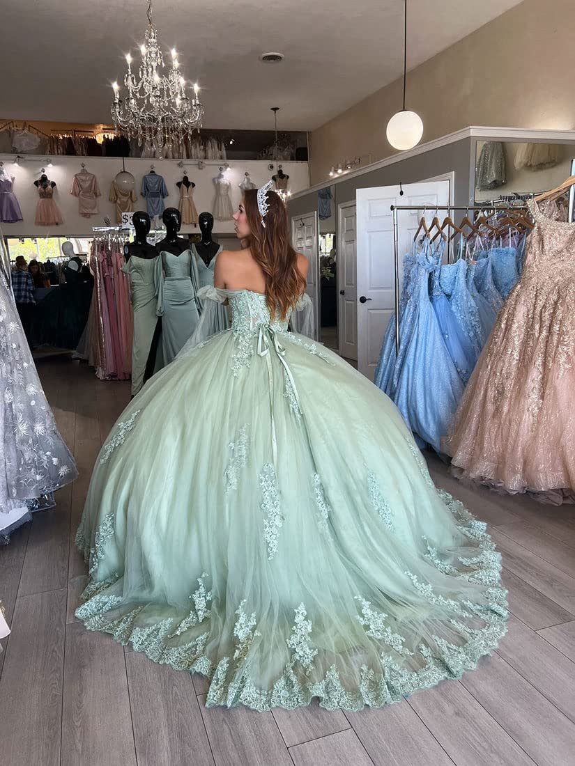 Gorgeous Ball Gown Off Shoulder Lace Appliques Beaded Mint Green Tulle Quinceanera Dress For Sweet 16