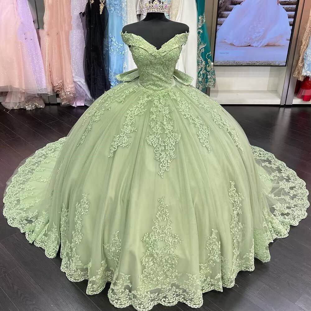 Gorgeous Ball Gown Off Shoulder Lace Appliques Sage Green Tulle Sweep Train Quinceanera Dress For Sweet 16