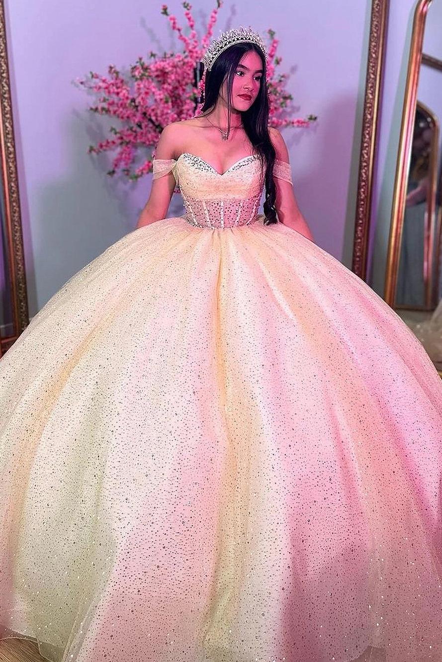 Gorgeous Ball Gown Off Shoulder Sleeveless Beaded Tulle Quinceanera Dress Princess Evening Party Gown For Sweet 16