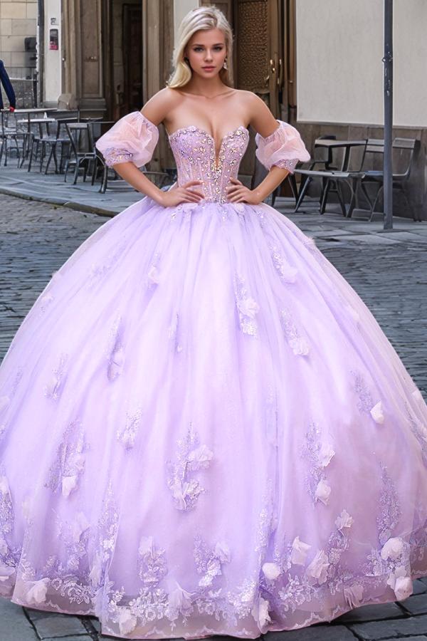 Gorgeous Ball Gown Sweetheart Neck Detachable Short Sleeves Beaded Crystal 3D Flower Appliques Purple Tulle Quinceanera Dress Birthday Party Dress For Sweet 16
