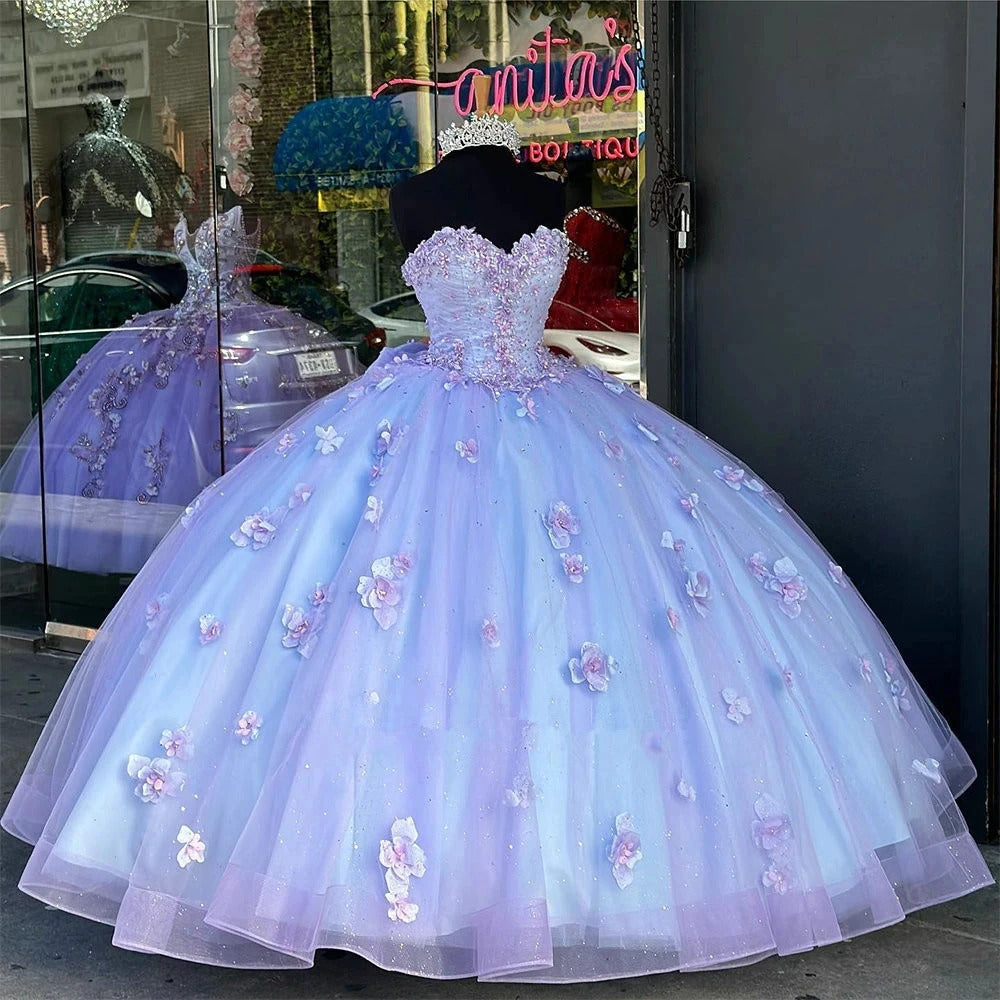 Gorgeous Ball Gown Sweetheart Neck Detachable Sleeves 3D Flower Appliques Beaded Princess Lavender Tulle Quinceanera Dresses For Sweet 16