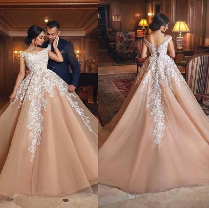 Gorgeous Champagne Appliques Wedding Dresses  | A Line Off-the-shoulder Bridal Gowns