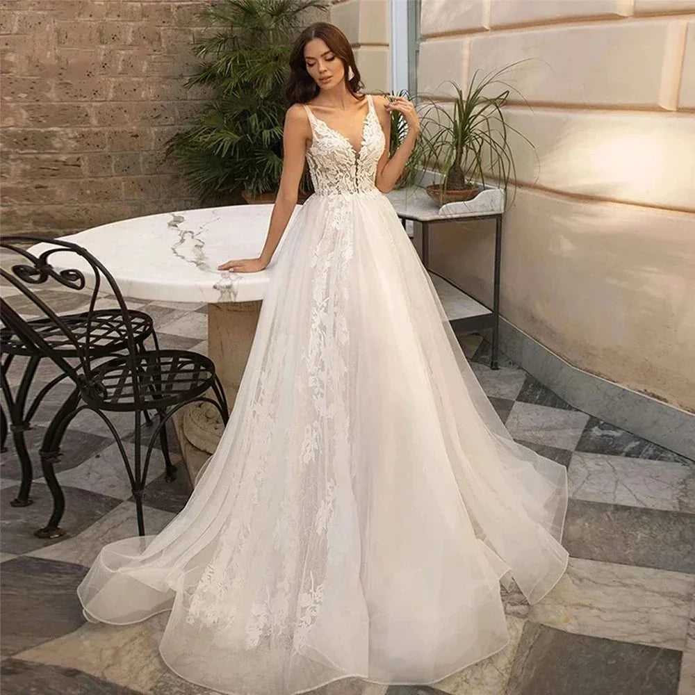 Gorgeous Deep V-neck Sleeveless Chapel Train A-Line Mopping Wedding Dresses New Luxury Sweetheart Sexy Lace Pretty Wedding Gown by payinti