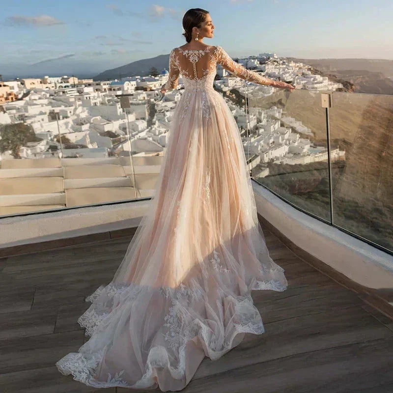 Gorgeous Detachable 2 In 1 Wedding Dress Embroidered Lace On Net With Train Oneck Fullsleeve Vintage Bride Gown Vestido De Novia (ZD13436)