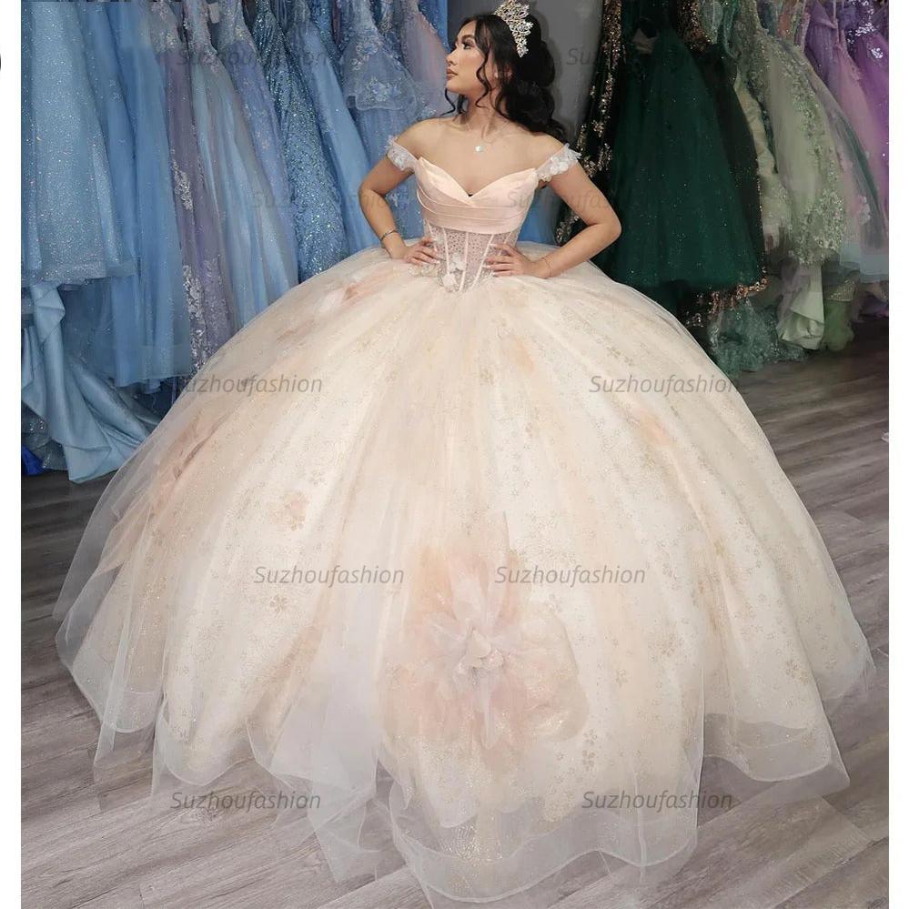 Gorgeous & Glamorous Ball Gown Off Shoulder Applique Flower Beaded Tulle Princess Birthday Party Gown Quinceanera Dress For Sweet 16