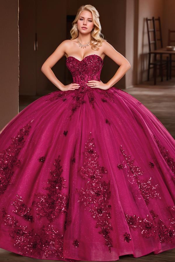 Gorgeous & Glamorous Ball Gown Sweetheart Neck Sleeveless Flower Lace Appliques Lace Up Sweep Train Plum Tulle Quinceanera Dress Birthday Party Dress For Sweet 16