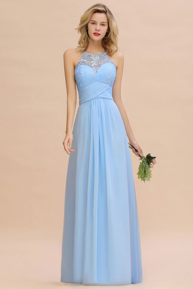 Gorgeous Halter Floral lace aline Chiffon Bridesmaid Dress Sleeveless Ruffle Wedding Guest Dress