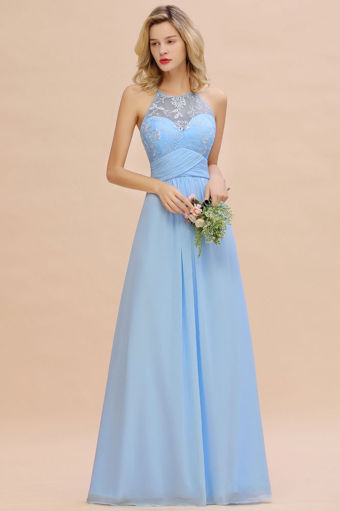 Gorgeous Halter Floral lace aline Chiffon Bridesmaid Dress Sleeveless Ruffle Wedding Guest Dress