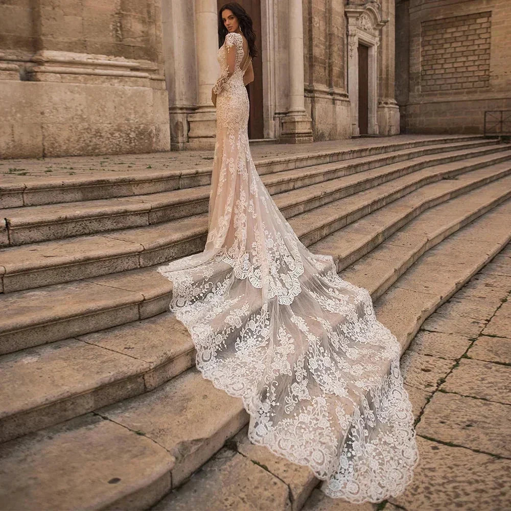 Gorgeous Lace Long Sleeve Mermaid Wedding Dresses Tulle Bridal Gown For Women Cathedral Train V-Neck Appliques Button Back (ZD14087)