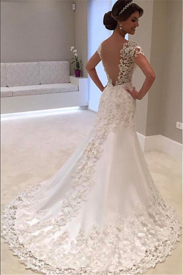 Gorgeous Lace Short Sleeves Bride Dresses  Mermaid Wedding Dress