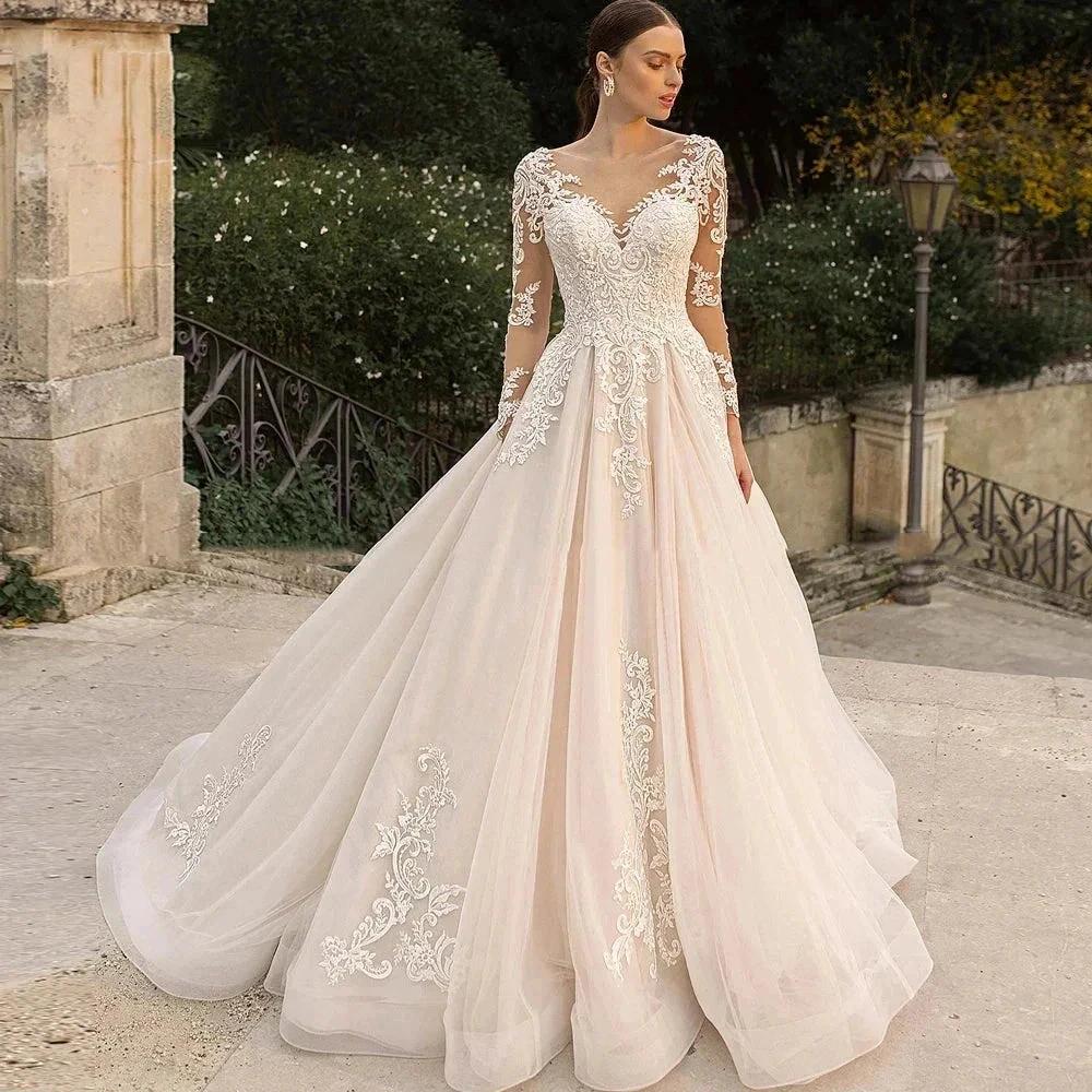 Gorgeous Lace Wedding Dresses Long Sleeve Women's Elegant Tulle Sticker Floral Champagne Bridal Gowns Princess Formal Party Robe by payinti