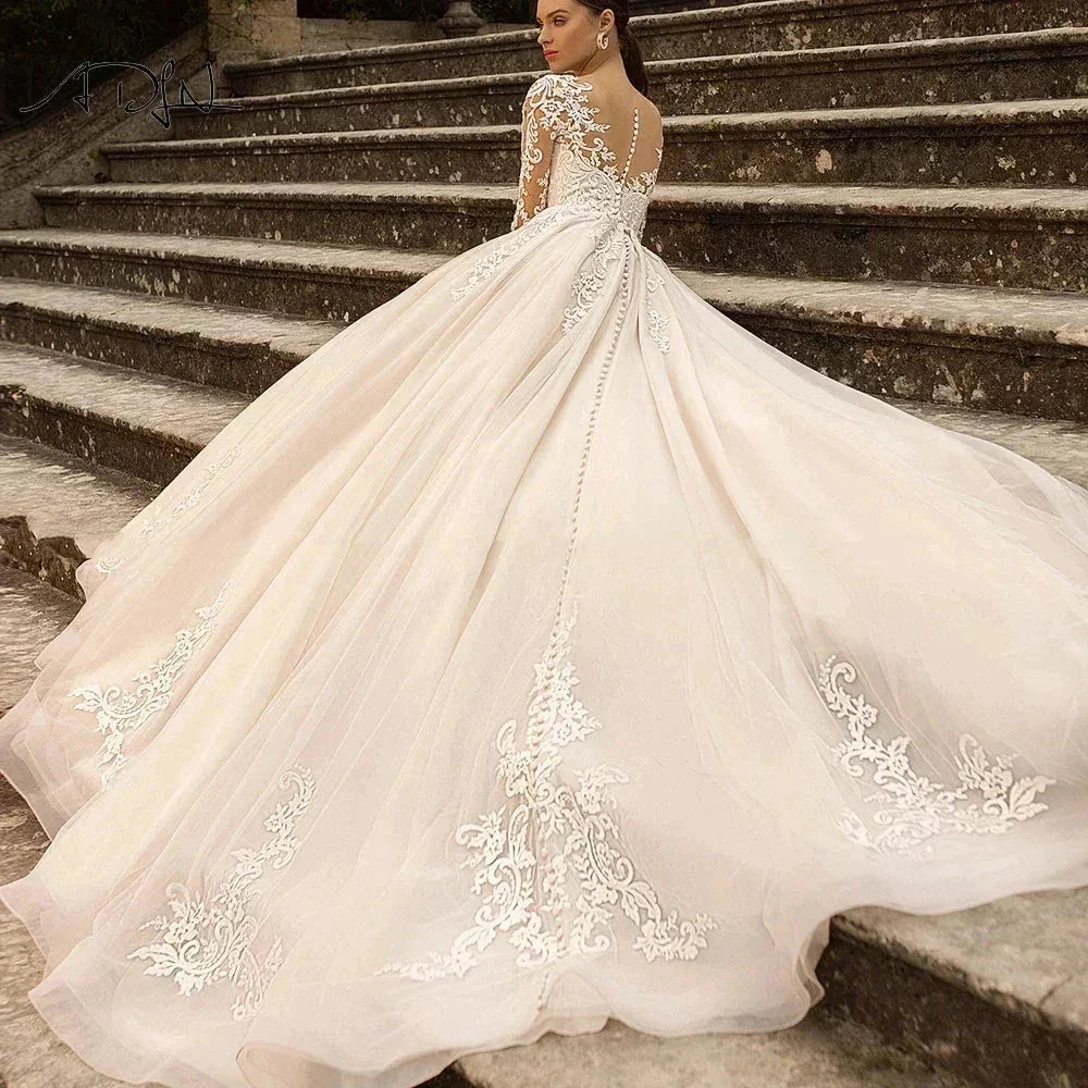Gorgeous Lace Wedding Dresses Long Sleeve Women's Elegant Tulle Sticker Floral Champagne Bridal Gowns Princess Formal Party Robe (ZD14133)