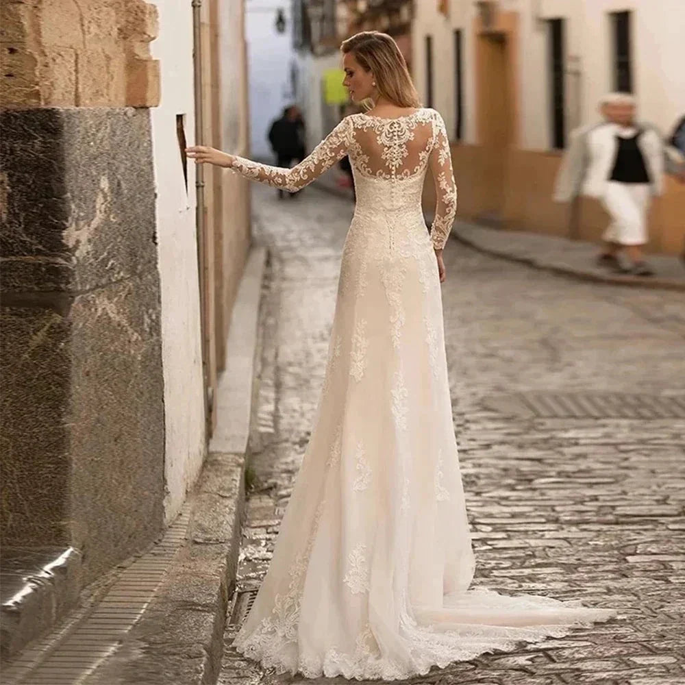 Gorgeous Long Sleeve Lace Mermaid Wedding Dresses V-Neck Tulle Bridal Gowns For With For Women Made Robe De Mariee Vestido (ZD14174)