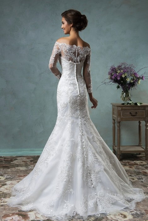 Gorgeous Off the Shoulder Detachable Train Wedding Dresses Long Sleeve Lace  Bride Dress