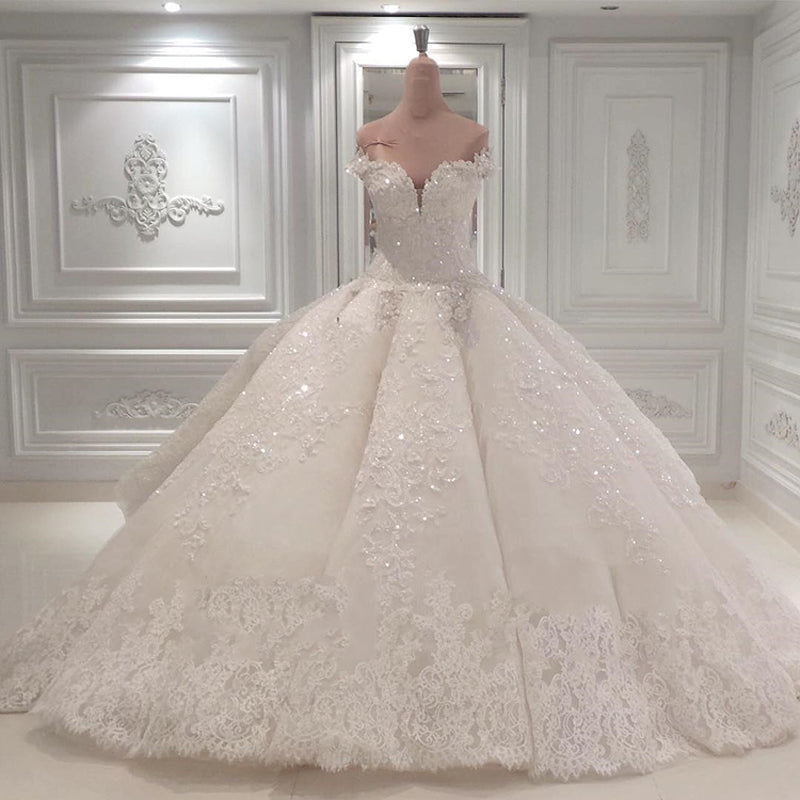 Gorgeous Off-the-shoulder Ball Gown Wedding Dresses | Shimmy Crystal Appliques Bridal Dresses