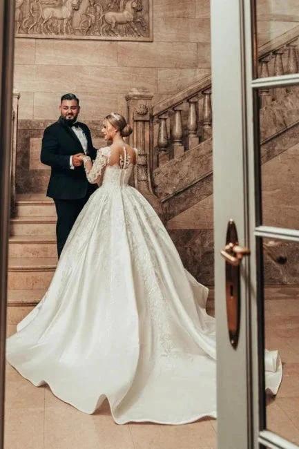 Gorgeous Princess A-line Satin Lace Wedding Dresses With Long Sleeves (ZD15630)
