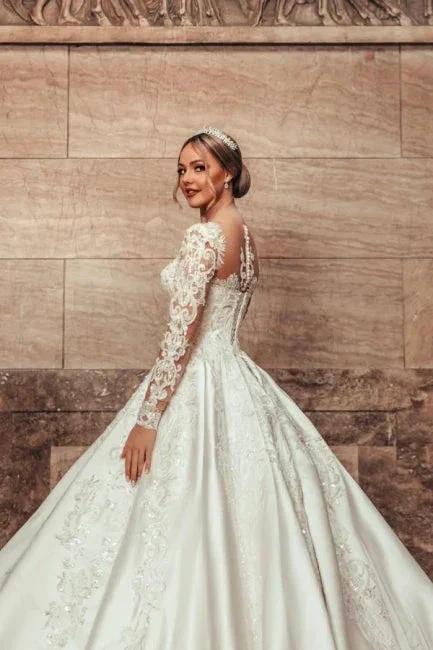 Gorgeous Princess A-line Satin Lace Wedding Dresses With Long Sleeves (ZD15630)