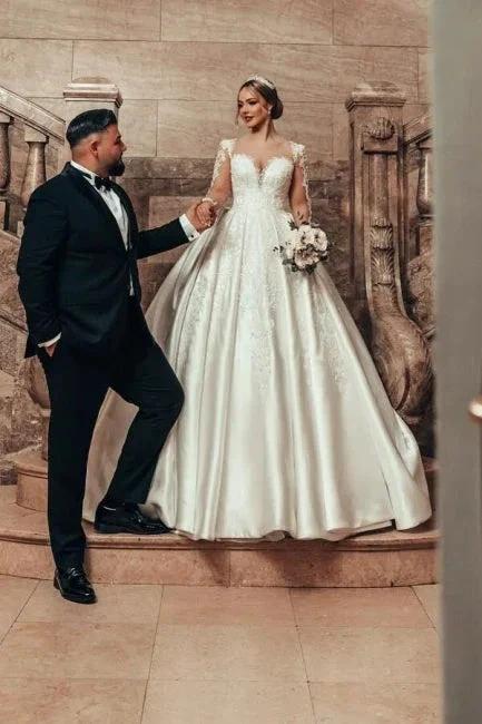 Gorgeous Princess A-line Satin Lace Wedding Dresses With Long Sleeves (ZD15630) - View 7 | VelvetHem
