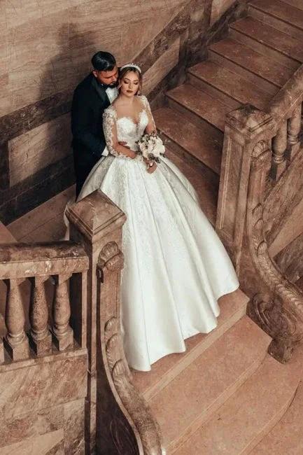Gorgeous Princess A-line Satin Lace Wedding Dresses With Long Sleeves (ZD15630)