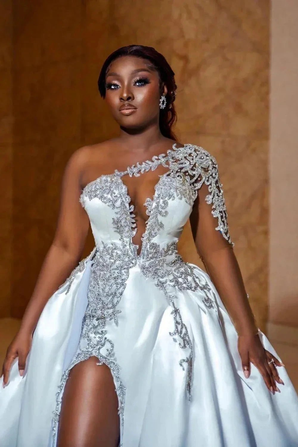 Gorgeous Long A-line Satin One Shoulder Beading Appliques Lace Wedding Dress with Slit (ZD14486)