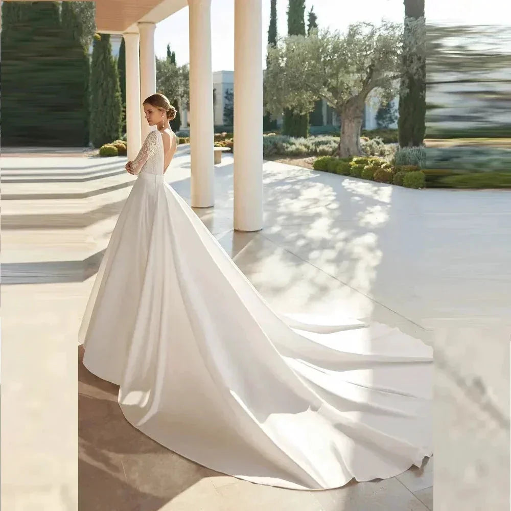 Gorgeous Satin Fascinating Wedding Dresses Beautiful Long Sleeve Simple Elegant Bridal Gowns Sexy Exquisite Lace Appliqued Robe (ZD13442)