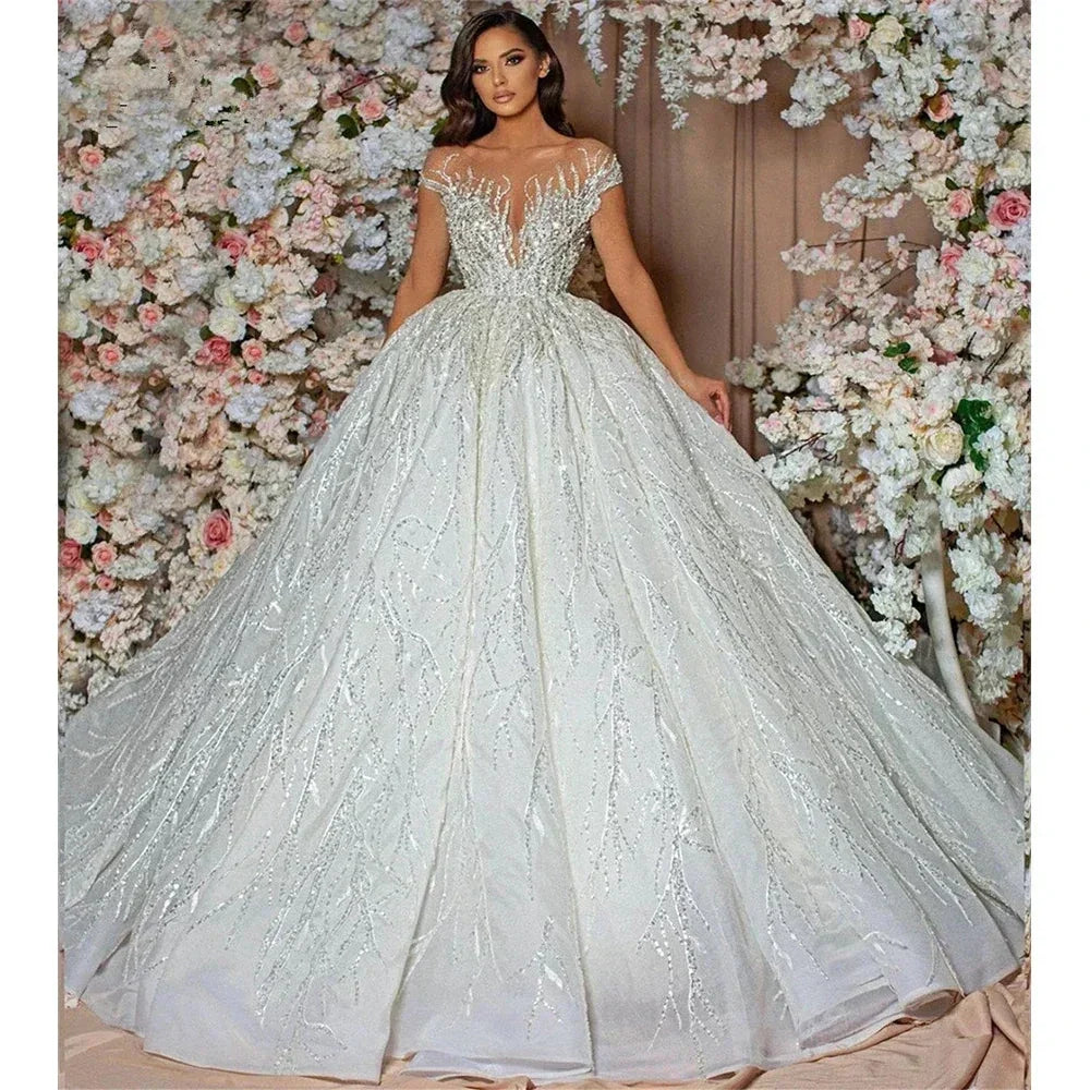 Gorgeous Sequins Ball Wedding Dresses Sweetheart Short Sleeves Lace Floor Length Custom Made Bridal Gowns Robe De Mariee 2023 (ZD14190)