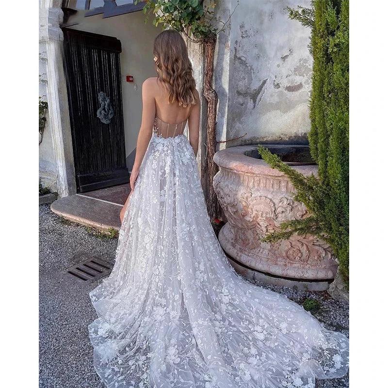 Gorgeous Sexy Off Shoulder Sleeveless High Fork Mopping Wedding Dresses With Split Beach Lace Bride Dresses Backless Custom Made (ZD14236)
